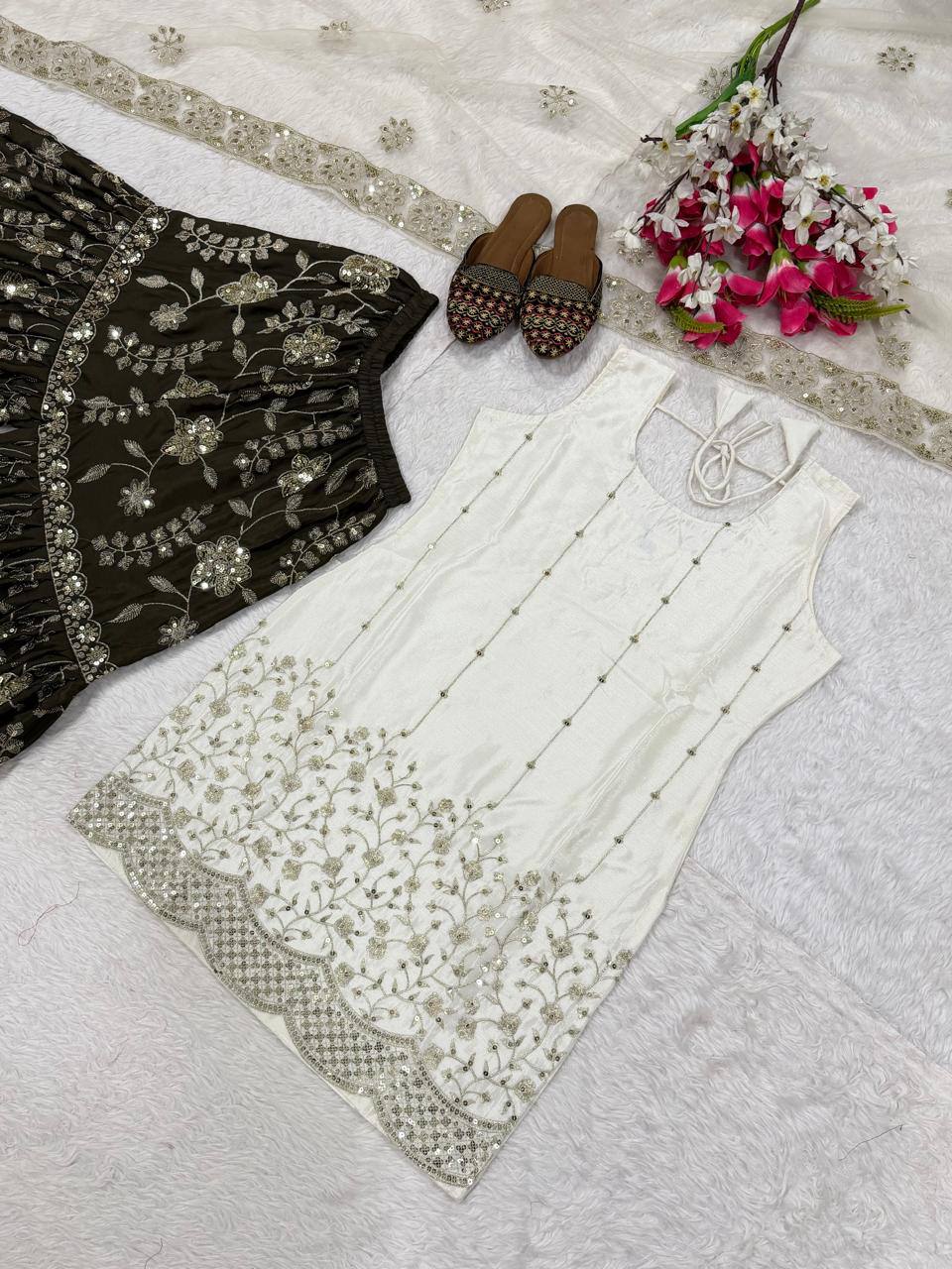 Modern Ivory & Dark Bronze Flared Silk Set